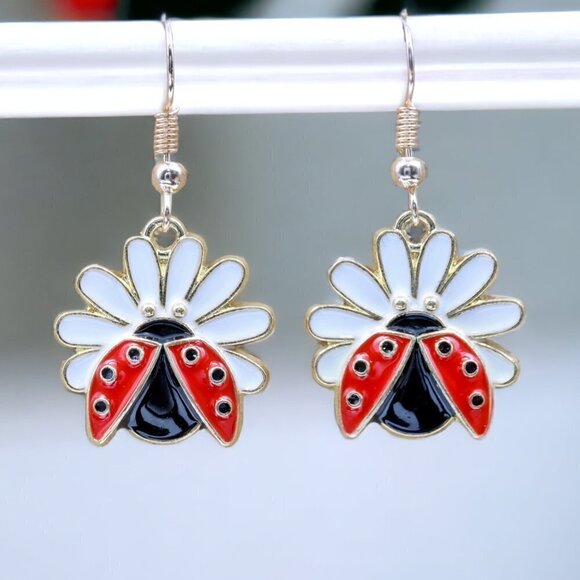 Hand Crafted Jewelry - Ladybug and Daisy Drop Earrings | Handmade